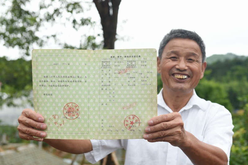 2017年6月13日，福建武平縣萬安鎮(zhèn)捷文村村民李桂林展示林權(quán)改革后領(lǐng)到的全國第一本新式林權(quán)證。