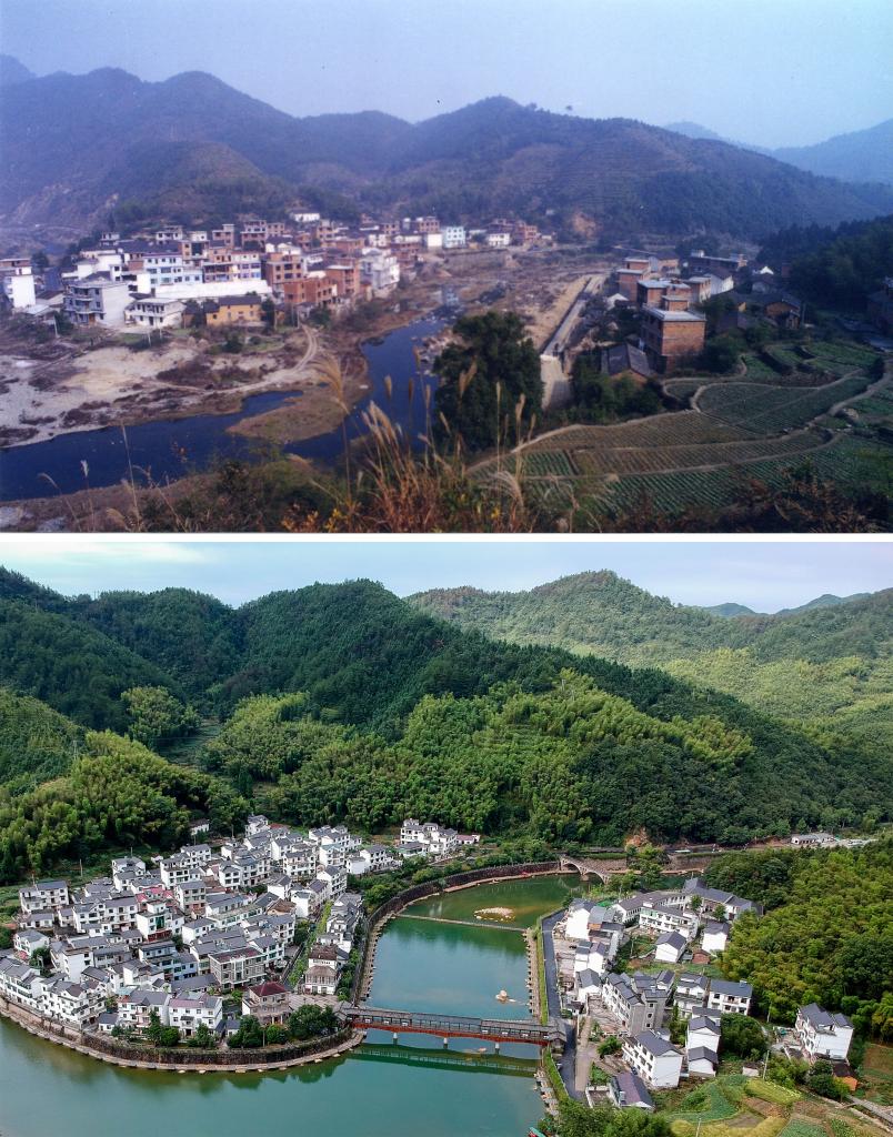 圖為浙江省杭州市淳安縣楓樹嶺鎮(zhèn)下姜村拼版圖，其中上圖為資料照片、下圖由新華社記者張鋮攝。